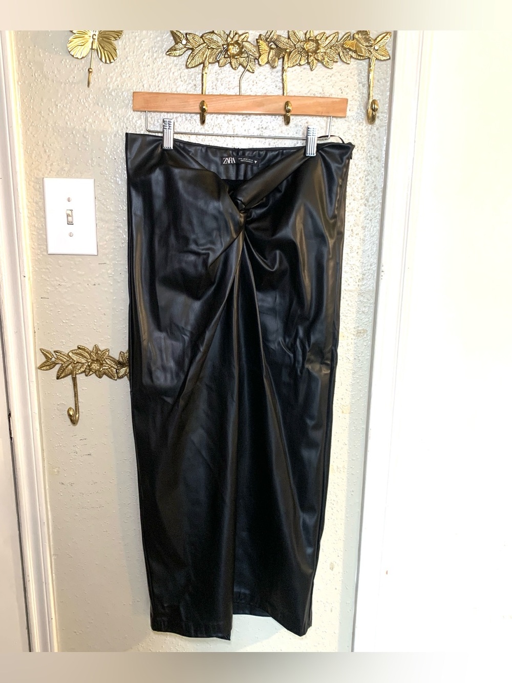 Zara Black Faux-Leather Twist-Detail Pencil Skirt Women’s Size XL